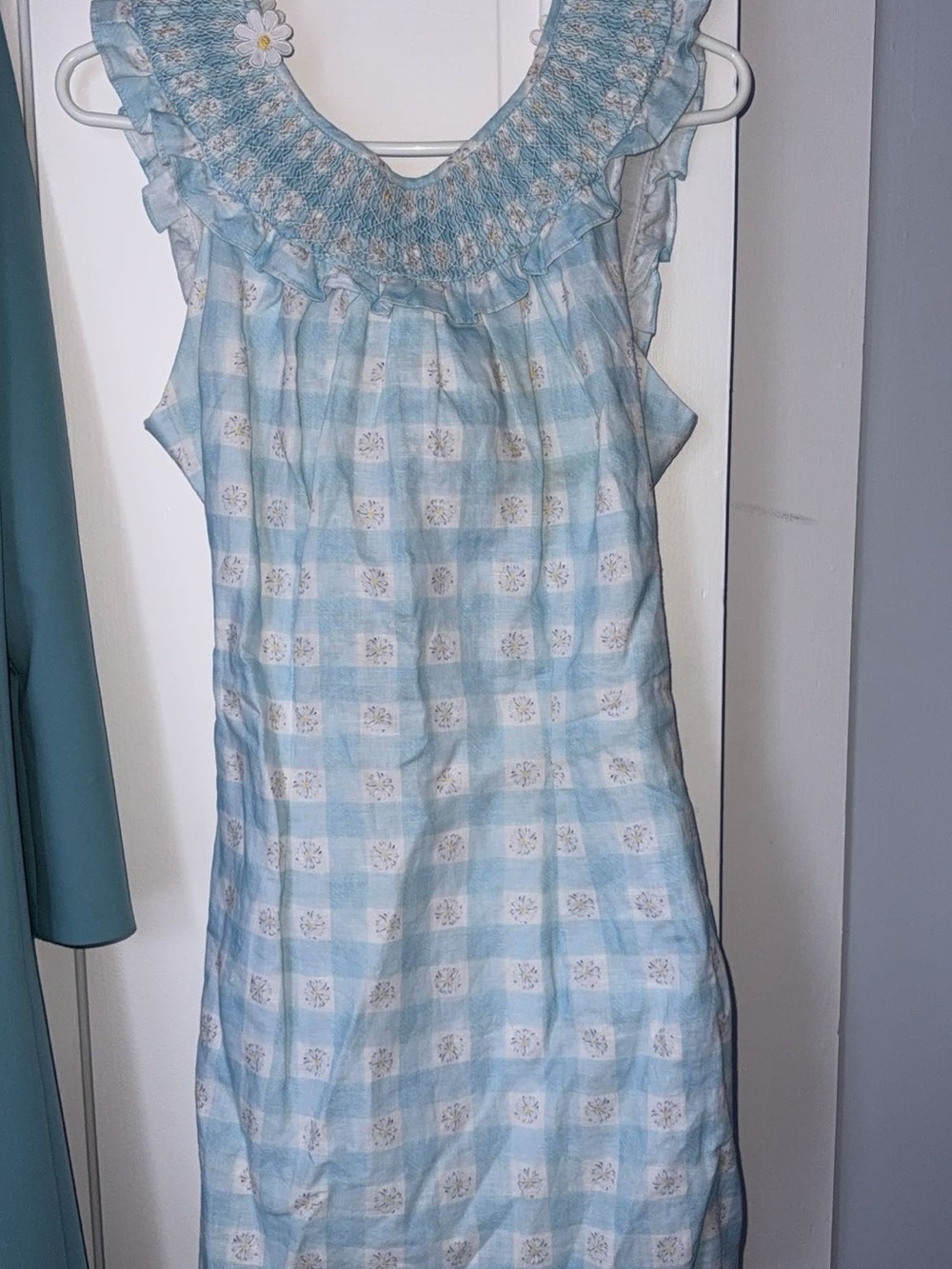 Smocked Neck Light Blue Gingham Mini Dress
